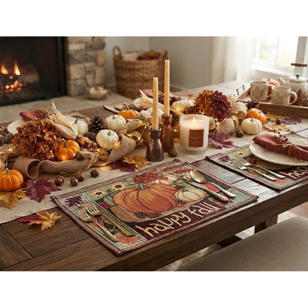 Cottagecore Fall Tapestry Placemats Set 4 Farmhouse Pumpkin Autumn Decor Rustic